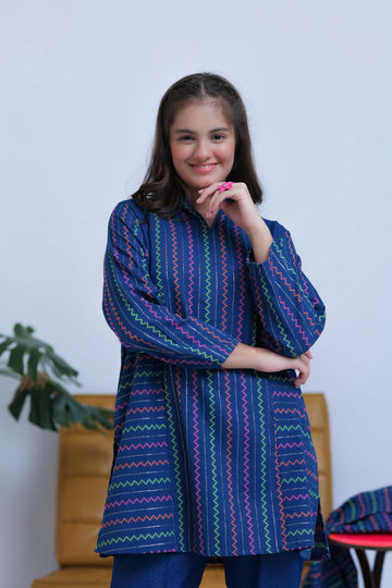 GAD-02832 | Blue & Multicolor | Casual 3 Piece Suit | Karandi Fabric Dobby Jacquard